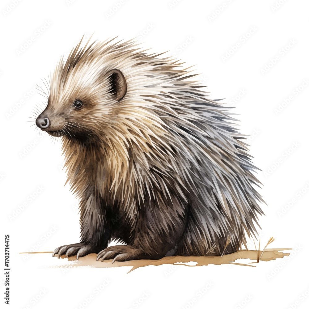 Fototapeta premium A watercolor painting shows a young porcupine sitting on light brown ground with a few blades of grass nearby.