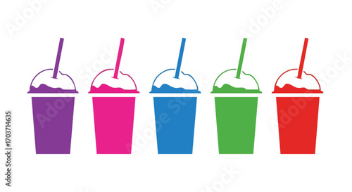 Five colorful frozen drinks with straws, arranged in a row, ready to enjoy.