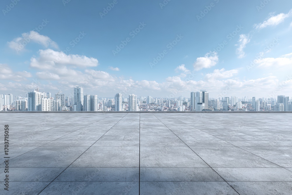 Fototapeta premium Empty rooftop overlooking a city skyline (2)