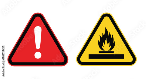 Two safety warning signs, one for general caution and the other for flammable materials, displayed against a white background.
