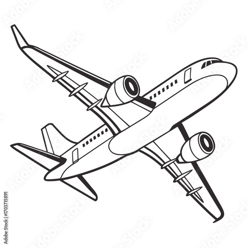 Stylized line art drawing of a modern jet airplane in flight against a white background