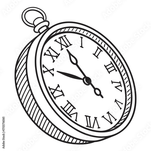 Vintage pocket watch with roman numerals hand drawn illustration on white background