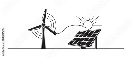 A simple line drawing of a wind farm turbine and a solar panel under the sun. This represents the concept of renewable energy in a linear style. It's a contour line illustration for innovation.