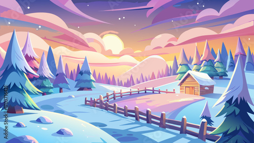 very beautiful Wide angle enchanted and magic snow landscape with a pale pink and pale yellow sky and light blue snow, a little fence in front, some pine trees and in the far distance a few tiny sheds