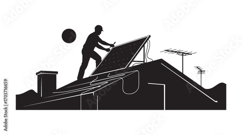 Vector graphics show a guy putting up a solar panel on the roof to produce power for household gadgets.

