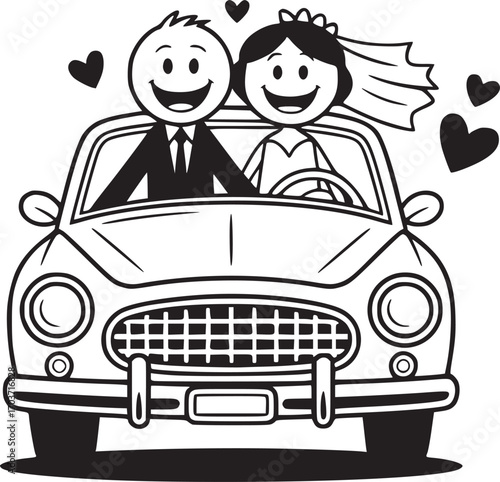 Wedding Car Ride: A happy couple, newly wedded, embarks on a romantic car ride in their vintage car, enveloped by the warmth of their love and symbolized by hearts in this endearing illustration.