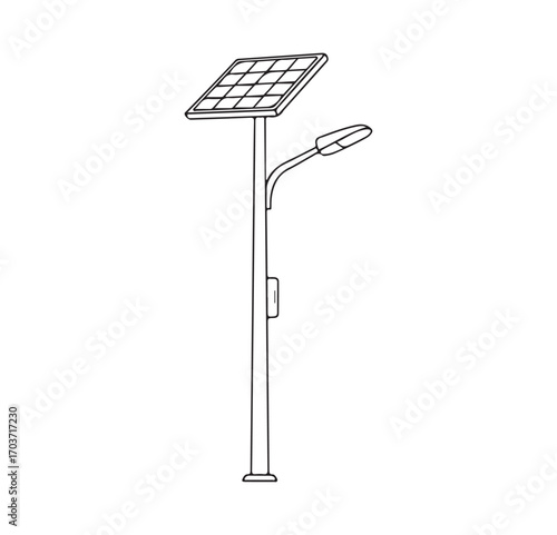 Solar-powered lighting system, streetlight, self-sufficient solution. Energy-saving lantern vector line icon