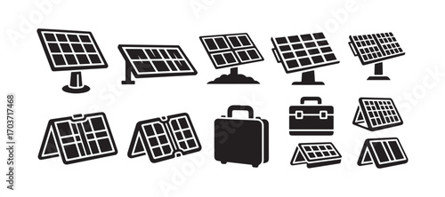 Set of solar panel icons. A collection of photo-voltaic modules in different shapes, featuring linear designs. Includes both portable and stationary stations.

