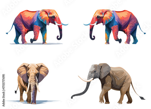 vibrant and realistic elephant illustrations in vector style showcasing artistic and natural designs, perfect for educational, decorative, and creative visual projects involving wildlife themes