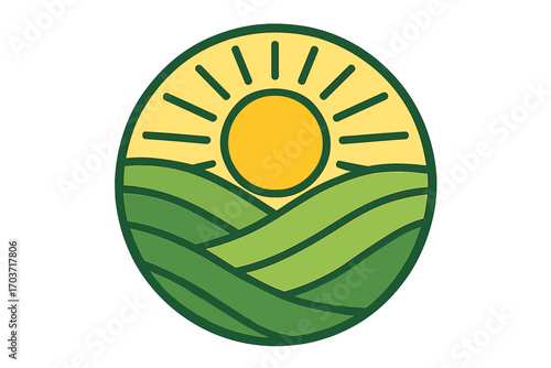 Vector logo illustration featuring a rice field and sunlit landscape, beautiful, charming, elegant, and versatile across all media