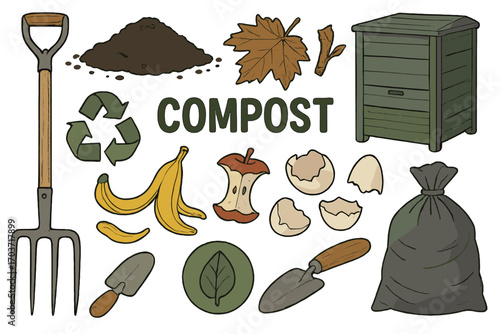 A collection of flat cartoon icons featuring an organic compost theme, including garden tools, a wooden box, ground, and food waste, illustrating bio, organic fertilizer, compost, and agronomy in a