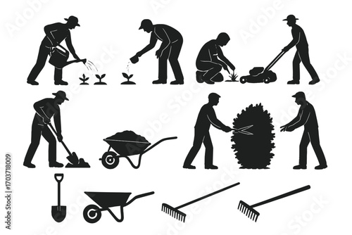 Male, humans, horticulture, labor, irrigation, vegetation, blossom, pruning, fertilizer, pesticide, lawn, pictograph, emblem, icon, sign