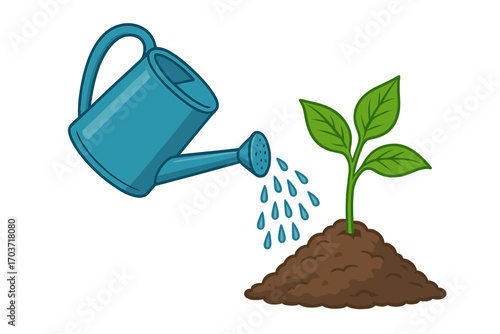 A watering can douses a young plant growing from the soil, illustrating farming and agriculture; nurture the plant