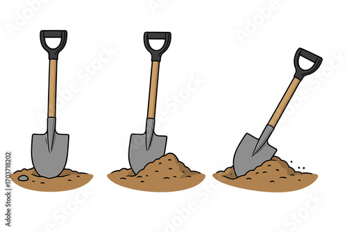 Illustration of three shovels in flat style, displayed from various angles, ideal for gardening, farming, digging, DIY, forestry, environmental projects, or tool-related uses