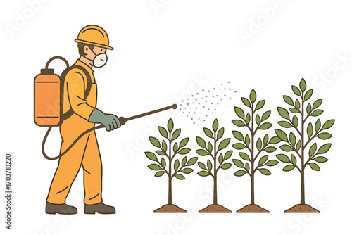 A farmer sprays pesticide or herbicide on agricultural plants, while a man applies chemicals or fertilizer to a plantation, treating pests and illustrating the vector