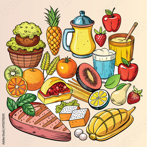 Food vector, Food design, Food concept, Food post, Food cartoon, Food icon, Food template, Food art, Food topics, Food doodle