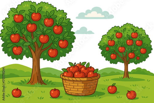 Vector illustration of an apple orchard featuring a basket of apples against a landscape background