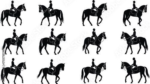 Black silhouette vector illustrations of horse riders in various equestrian poses, walking, trotting, and cantering, showcasing dynamic horseback riding art