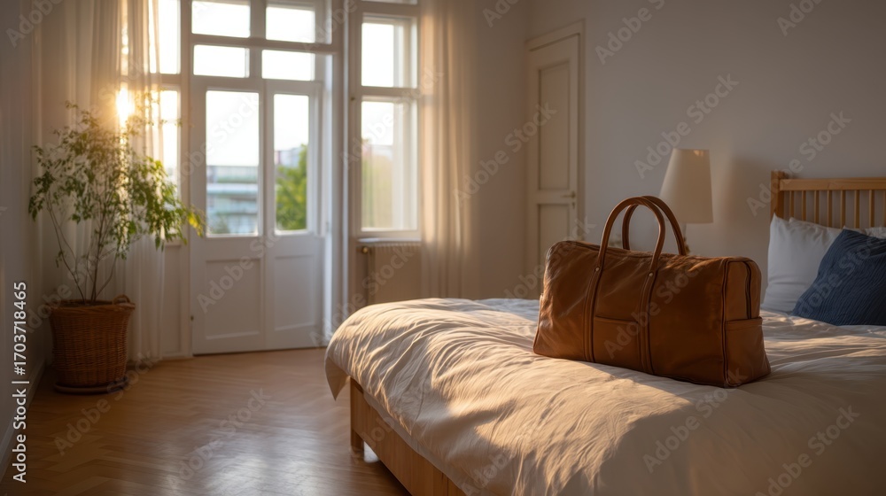 Fototapeta premium Cozy Hotel Room with Sunlight Streaming Through Window at Golden Hour