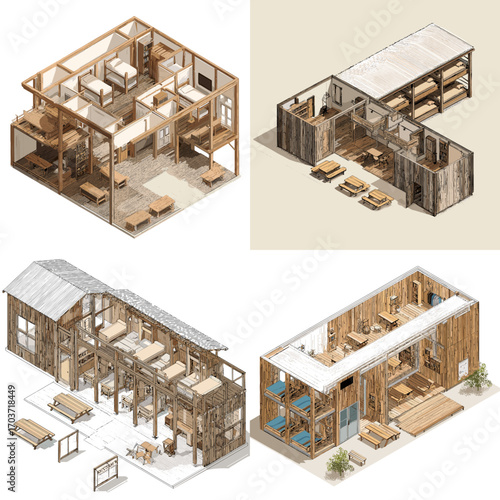 Isometric illustration of rustic wooden cabins with open interiors and furniture, perfect for architecture, housing, eco-living, and traditional lifestyle design projects.