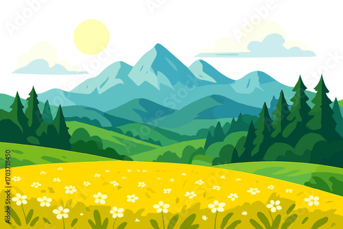 Depiction of a mountain meadow blooming with yellow flowers