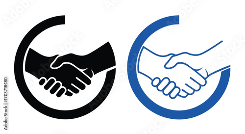 Two symbolic handshakes in circles, one black and one blue, representing agreement and partnership.
