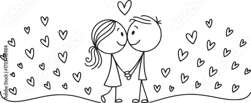 A Tender Embrace: Two stick figures, hand-in-hand under a shower of hearts, capturing a scene of budding romance.