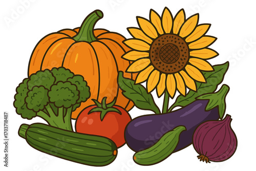 A flat‑style vector illustration shows a pile of vegetables—pumpkin, broccoli, sunflower, tomato, eggplant, and zucchini—on a white background, suitable for a banner, poster, icon, or card