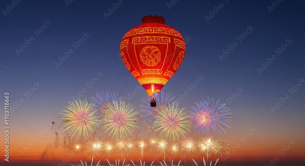 Obraz premium Colorful Hot Air Balloon with Fireworks Display at Sunset in a Clear Sky