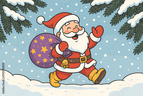 A vector cartoon illustration of Santa Claus, hurriedly walking through a snow‑covered winter forest with his magical bag of holiday gifts on a cold snowy day