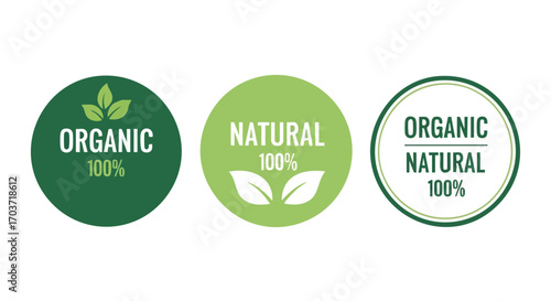Three circular labels promoting organic and natural products, featuring green leaf icons and text.