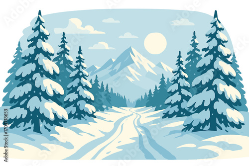 A panoramic winter landscape depicted as a vector illustration with distinct layers