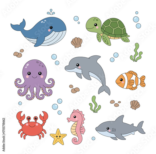 Cute Sea Animals Cartoon Set in Flat 2D Simple Vector Style
