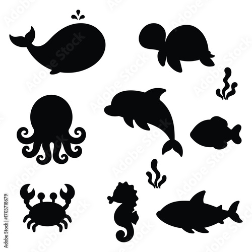 Sea Animal Silhouette Set Flat 2D Simple Vector
