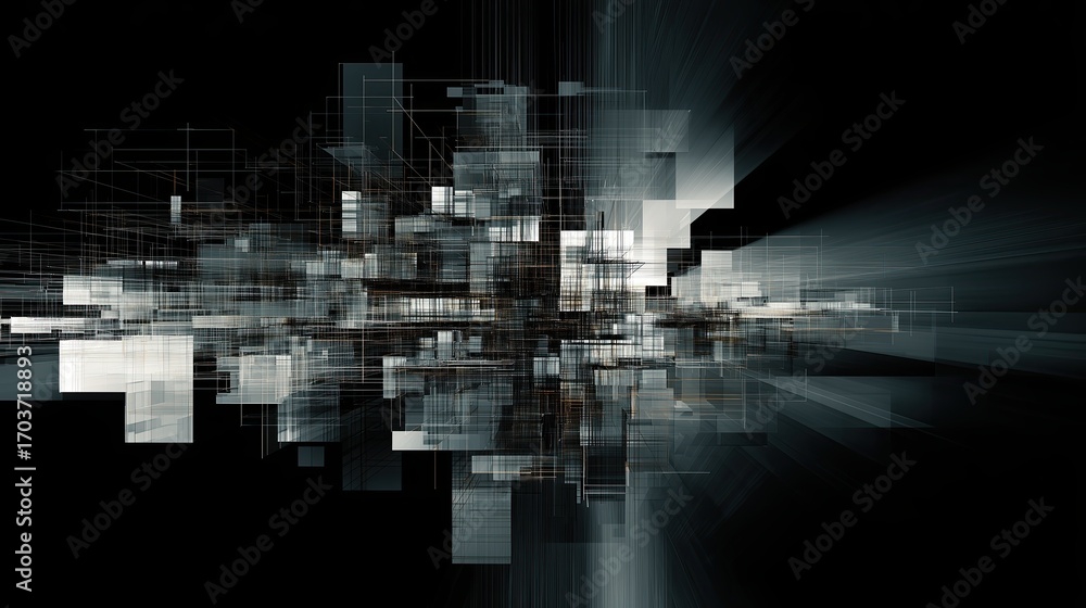 Obraz premium Abstract digital city or network concept with lines and geometric shapes on a dark background. Technology and data visualization.
