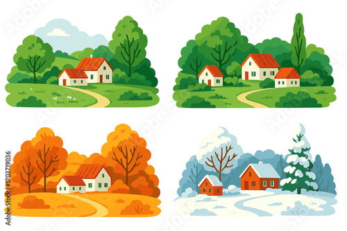A cartoon house nestled in a forest village, depicting landscapes across all four seasons—spring, summer, autumn, and winter—with trees, a rural home, or a woodland cottage illustrated in vector