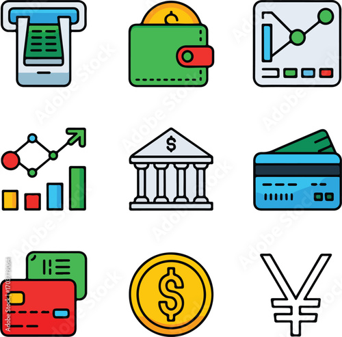 Flat Vector Icon Set of Finance and Banking Elements
