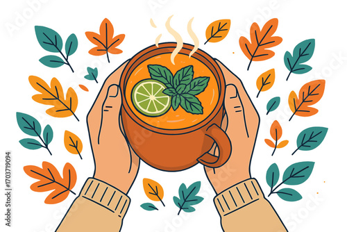 A cartoon vector illustration showing human hands holding a tea mug with lemon or herbal hot drink, set in a relaxed, cold-season context, isolated against a background, depicting winter or autumn