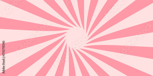 Candy color sunburst background. Abstract pink cream sunbeams design wallpaper. Colorful spinning lines for template, banner, poster, flyer. Sweet rotating cartoon swirl or whirlpool. Vector backdrop