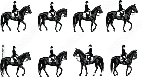 Black silhouette vector illustrations of horse riders in various equestrian poses, walking, trotting, and cantering, showcasing dynamic horseback riding art
