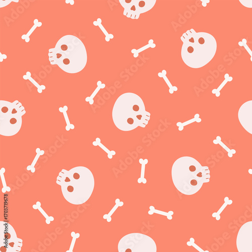 Halloween seamless pattern with sculls and bones. Cute background for Halloween party fabric or kids stuff. Cartoon flat style. Vector illustration	
