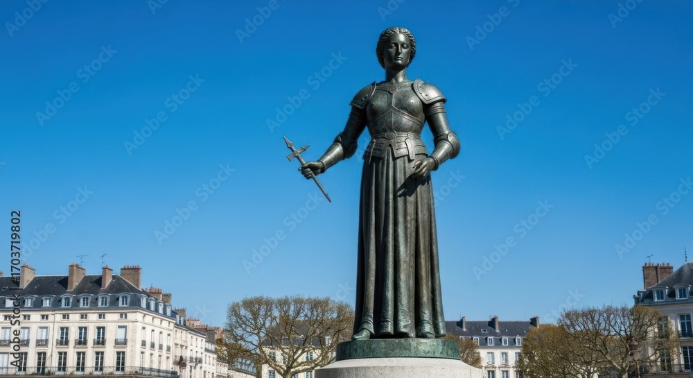 Obraz premium Bronze statue of a woman in armor, outdoors