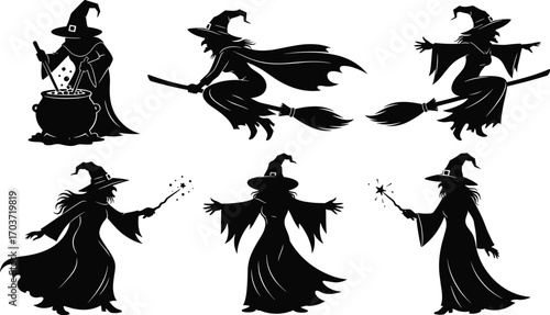Black silhouette witches in various magical poses with broomsticks, cauldrons, and wands for Halloween fantasy vector illustration and decoration design