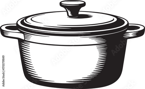 Detailed Illustration of a Covered Cooking Pot for Culinary Arts and Kitchenware Designs Projects