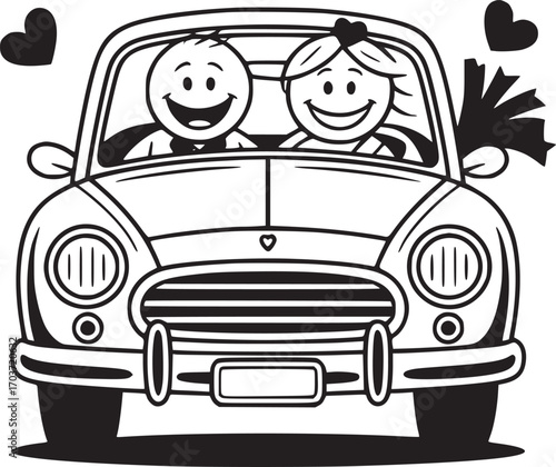 Wedding Ride: Whimsical stick figures, the newlywed couple, embarks on their journey in a classic car, celebrating love and togetherness in a simple, yet charming black and white illustration.