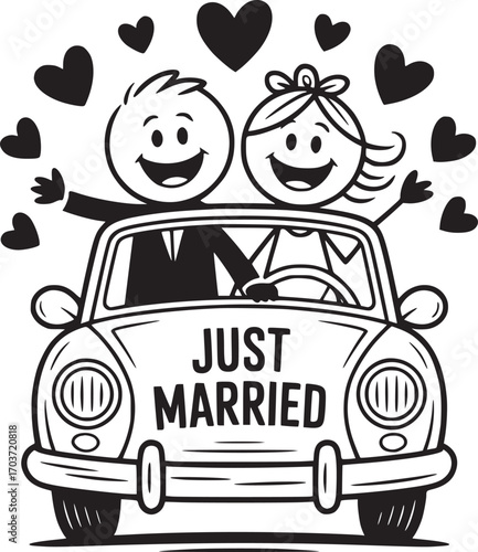 Joyride of 'Just Married': A delightful illustration captures the exhilaration of newlyweds joyfully embarking on their life's journey, as they drive their car with hearts floating.