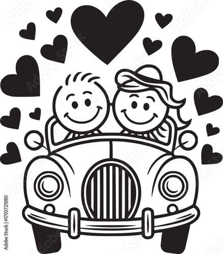 Love's Journey: Two stick figures embark on a romantic adventure, cruising in a classic car surrounded by hearts, celebrating love and companionship. 
