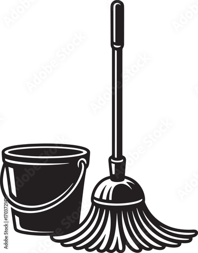 Mop and Bucket Cleaning Equipment Silhouette Icon Vector Illustration for Janitorial Services and Housekeeping