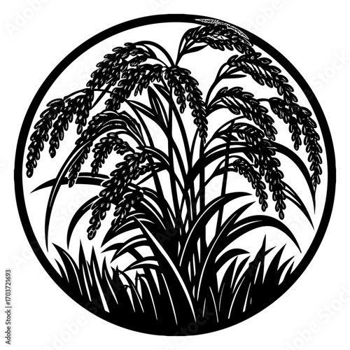 Black and White Rice Plant Vector Illustration – Agricultural Grain Crop Design.