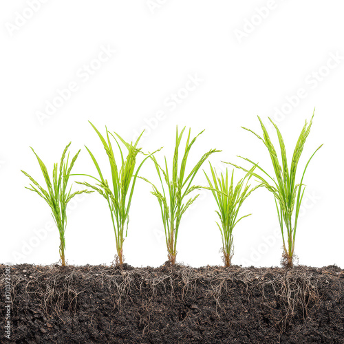 Healthy rice seedlings growing in soil showcasing stages of growth and development